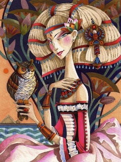 Stylized painting of a blonde Egyptian queen holding an owl with colorful Art Deco patterns