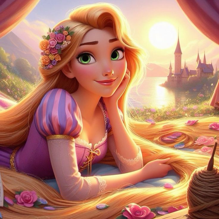 Illustration of Rapunzel with long golden hair, flowers, and a sunset castle by the water