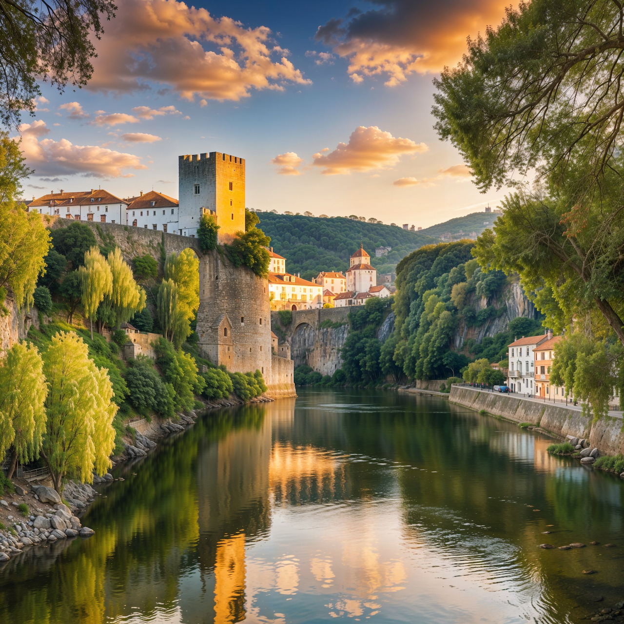 Medieval castle tower above tranquil river with sunset reflections and green hillsides