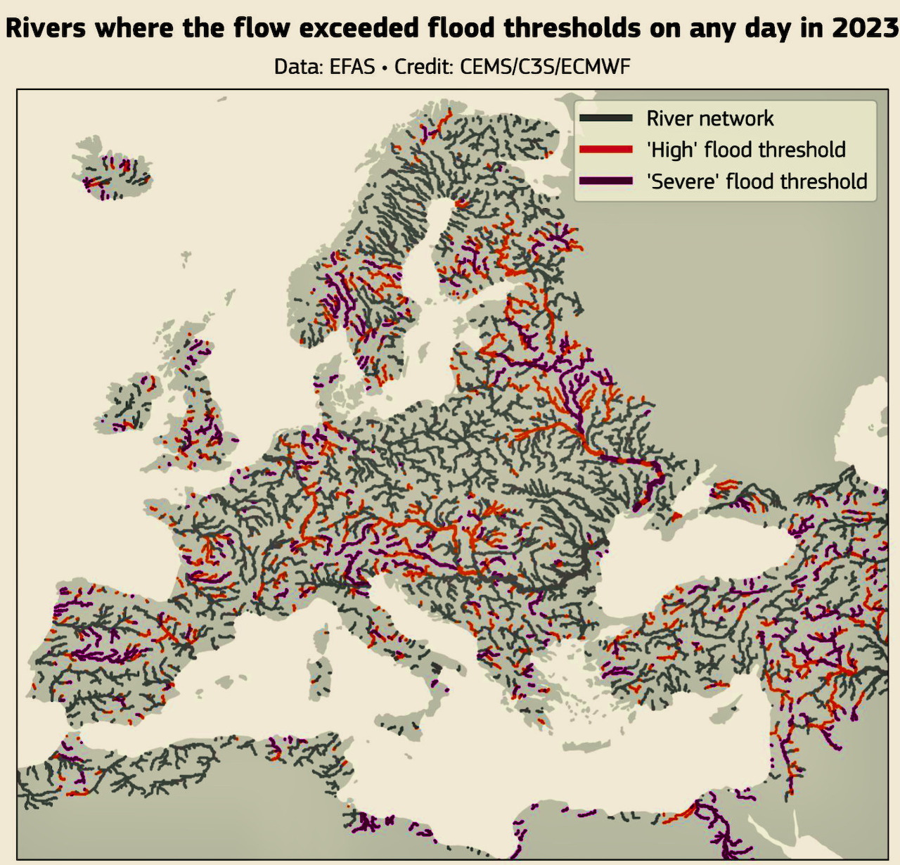 Map of Europe with rivers highlighted by flood threshold exceedances in 2023