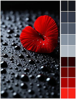 Red flower on dark wet surface with water droplets