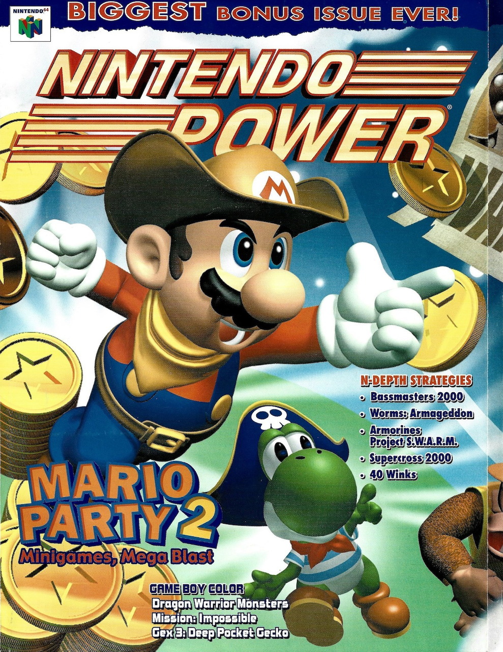 Nintendo Power magazine cover showing Mario and Yoshi for Mario Party 2 on Nintendo 64