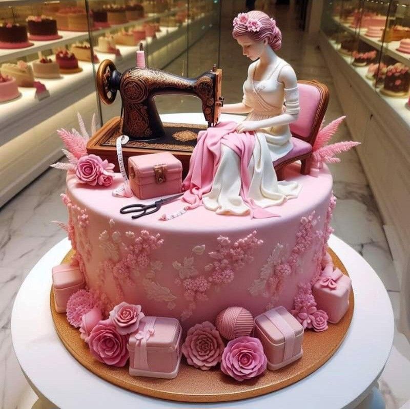 Pink decorative cake with a woman figure, vintage sewing machine, roses, and small gift boxes