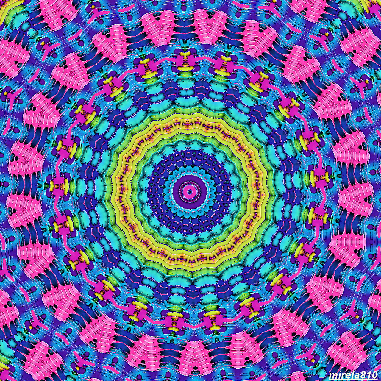 Colorful symmetrical mandala with rainbow circles and pink geometric patterns on turquoise background
