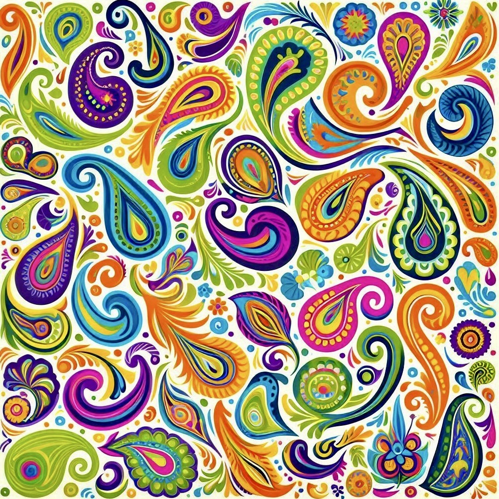 Colorful paisley pattern with swirling teardrop shapes in orange, purple, green, and blue