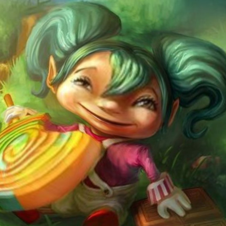 Cartoon character Poppy with blue hair holding a giant striped hammer, smiling in a green fantasy landscape