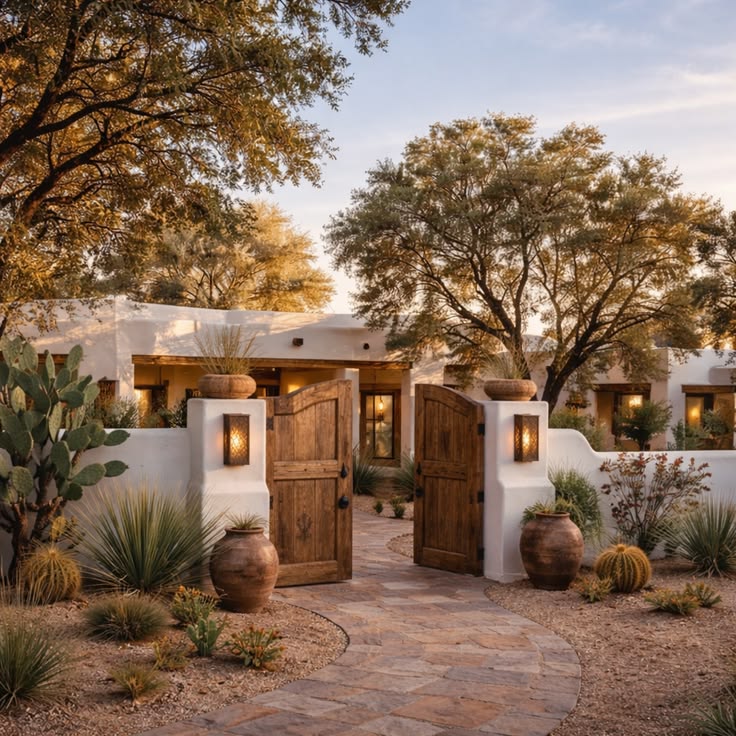 Desert house entrance with wooden gates, stone path, cacti, and tall trees