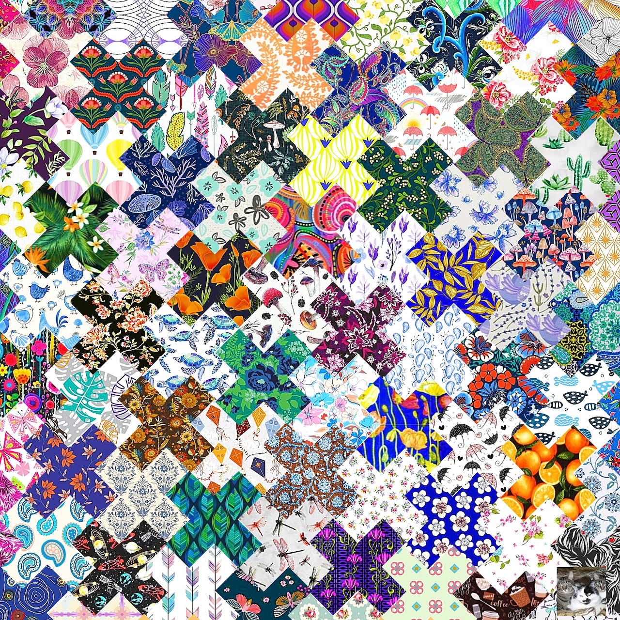 Dense collage of colorful geometric and floral patterns arranged in a patchwork grid with intricate ornamental designs