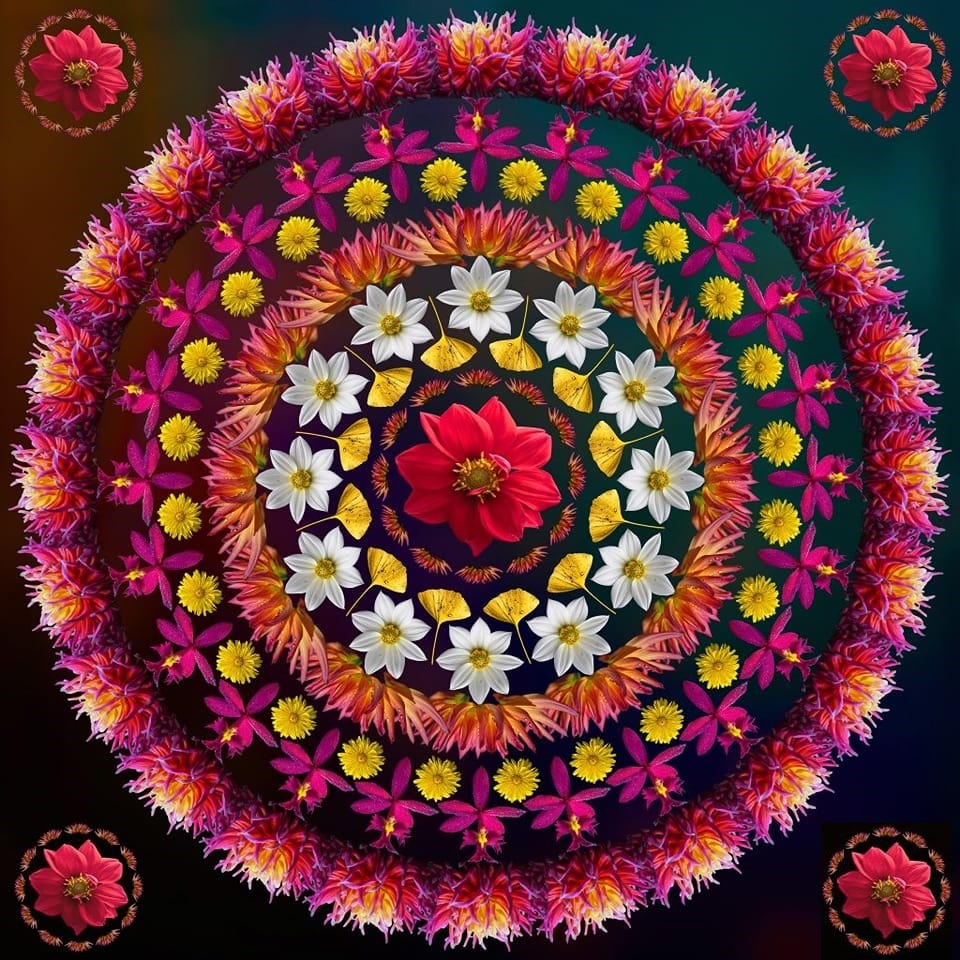 Colorful circular floral mandala with concentric rings of pink, orange, yellow, and white flowers on dark background