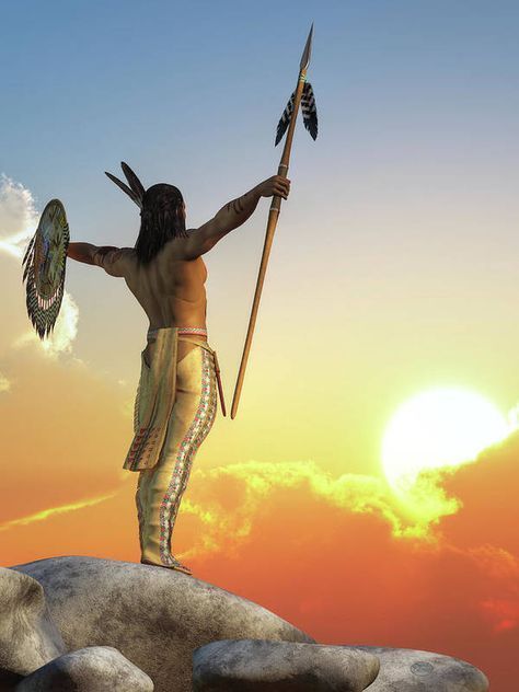 Native American warrior silhouetted against sunset holding spear and shield on rocky outcrop