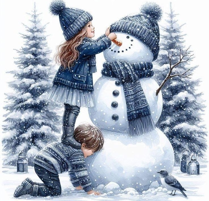Two children building and decorating a snowman in a snowy forest with evergreen trees