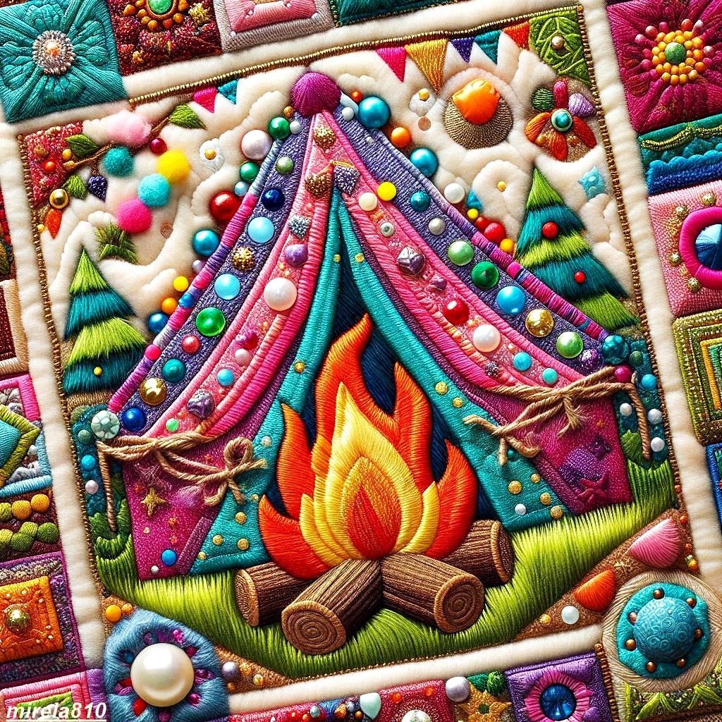 Embroidered textile art showing a camping bonfire with tent in colorful threads, beads, and fabric textures
