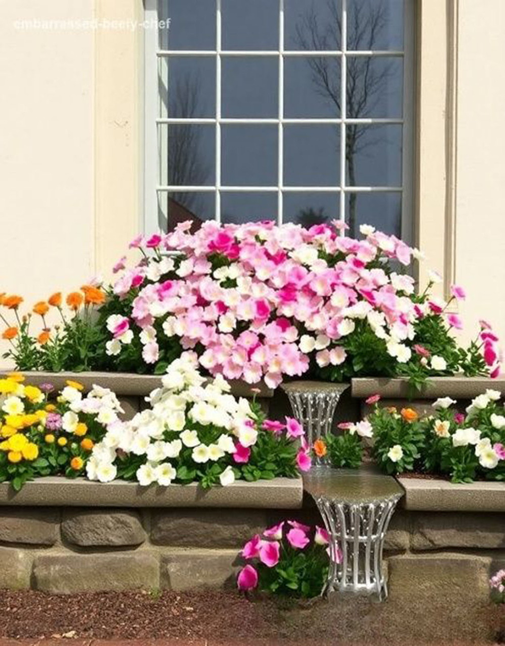 Colorful flower arrangement in window boxes along a stone ledge with pink, white, and orange blooms