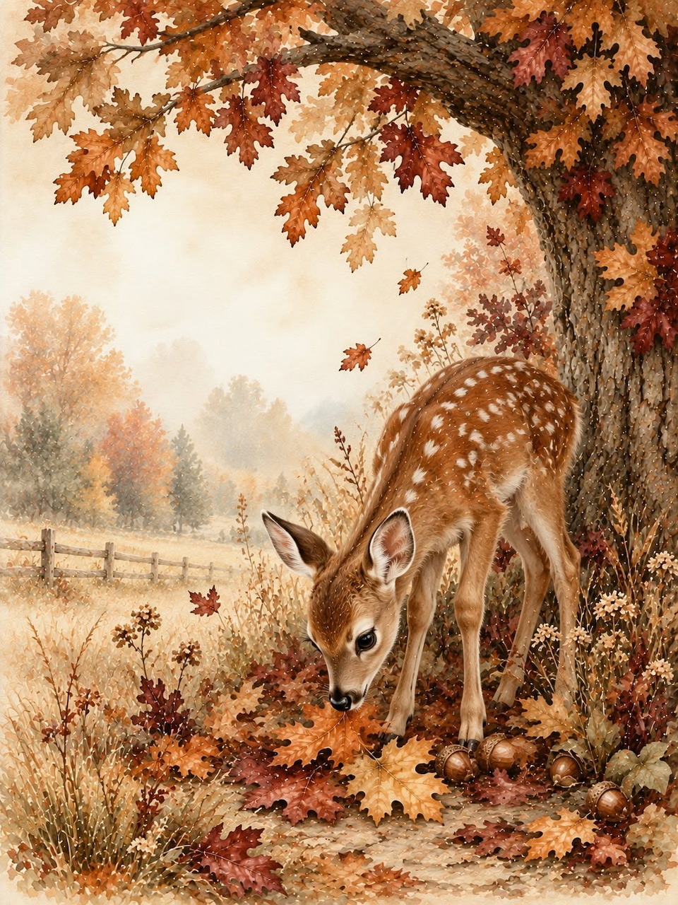 Spotted fawn grazing beneath an oak tree surrounded by autumn leaves and acorns.