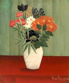 Painting of vibrant flowers including orange, pink, and black blooms in a white ribbed vase on a red table
