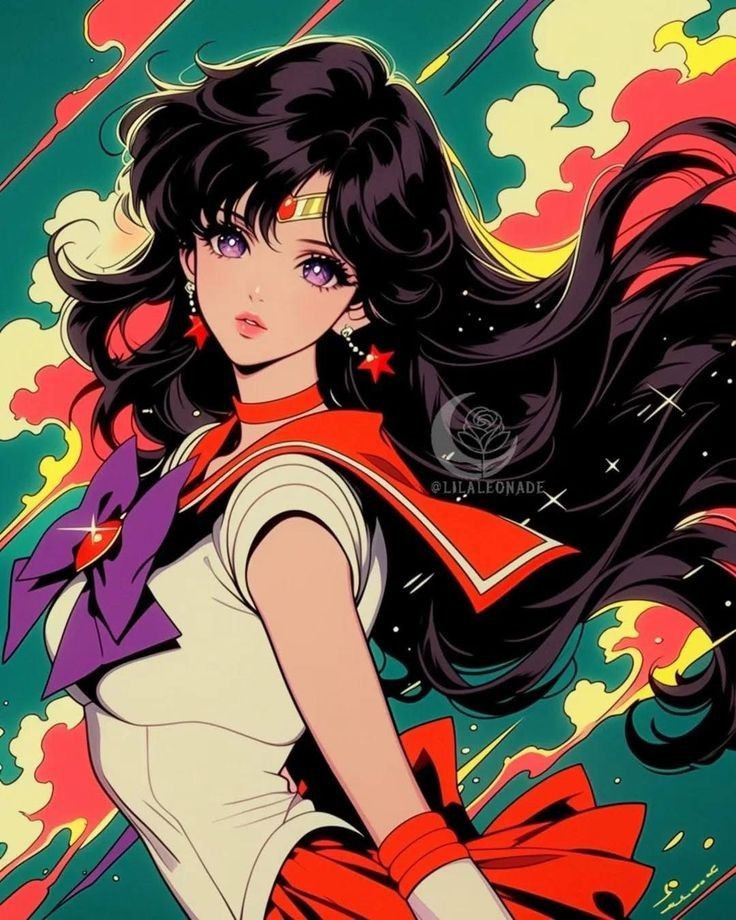 Anime illustration of Sailor Mars in red and white sailor uniform with flowing black hair