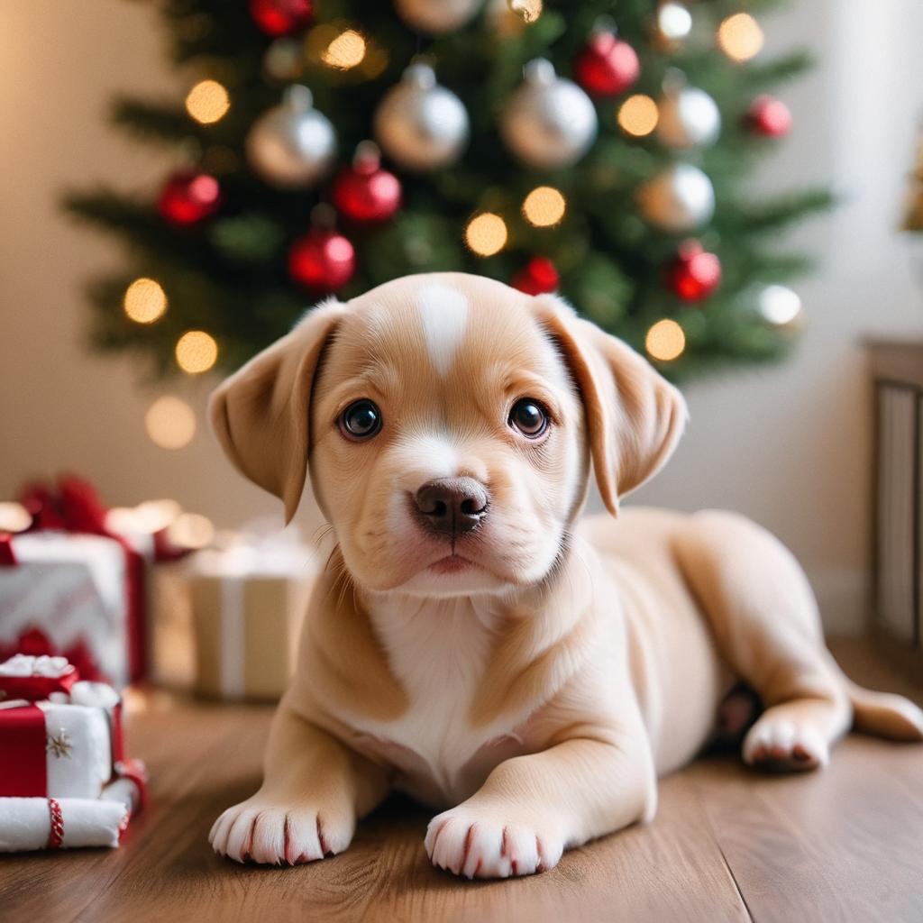 Beige puppy in front of Christmas tree with ornaments and lights