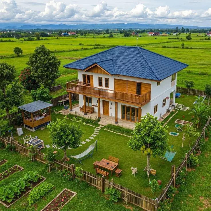 Aerial view of modern house with blue roof, lawn, and garden surrounded by green fields