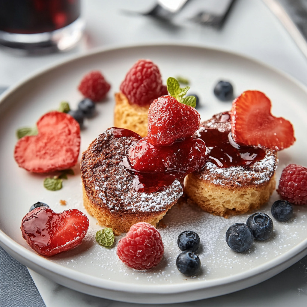 French toast with fresh berries and heart-shaped strawberry slices on white plate