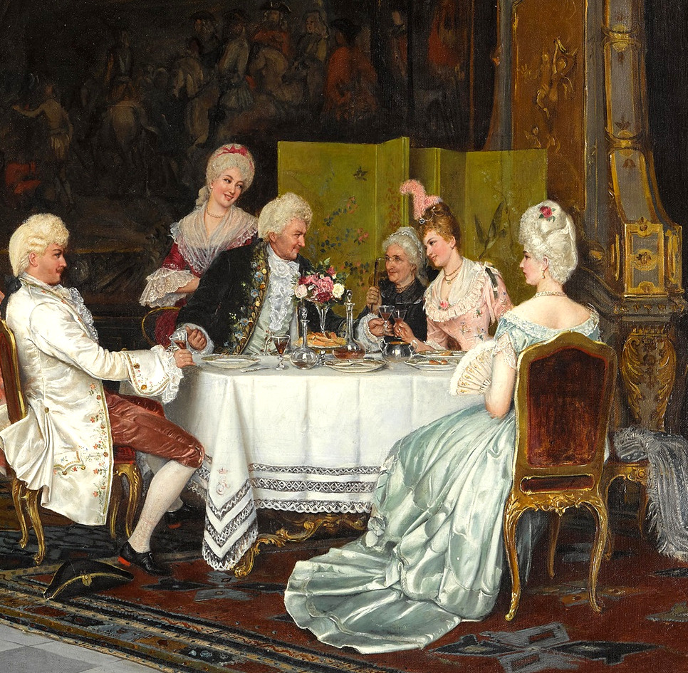 Classical painting of six people in formal 18th-century dress gathered around a table raising glasses in a toast