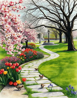 Painting of a winding garden path with spring blossoms, tulips, birds, and a fountain by a house