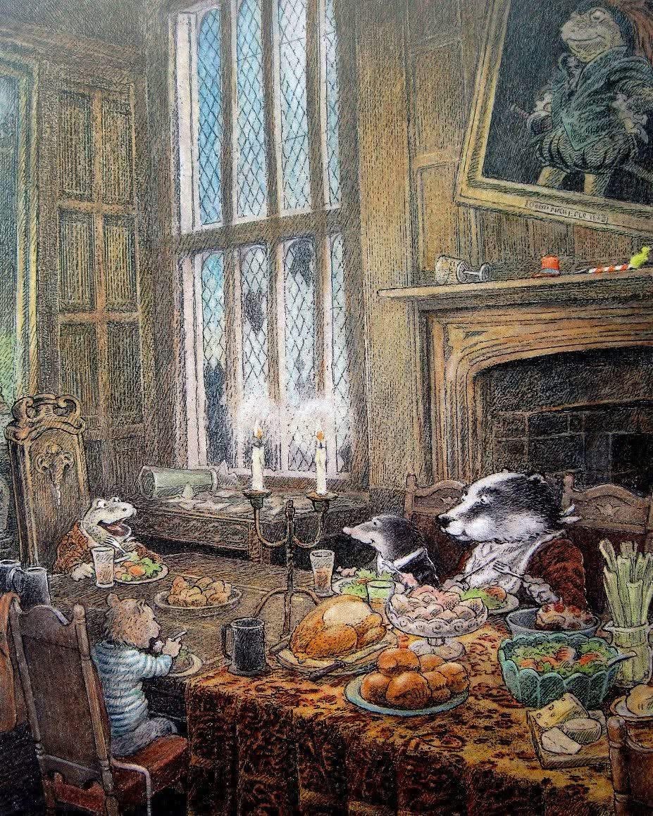 Illustrated woodland animals dining at a grand feast table in a stone hall with a fireplace and latticed windows.
