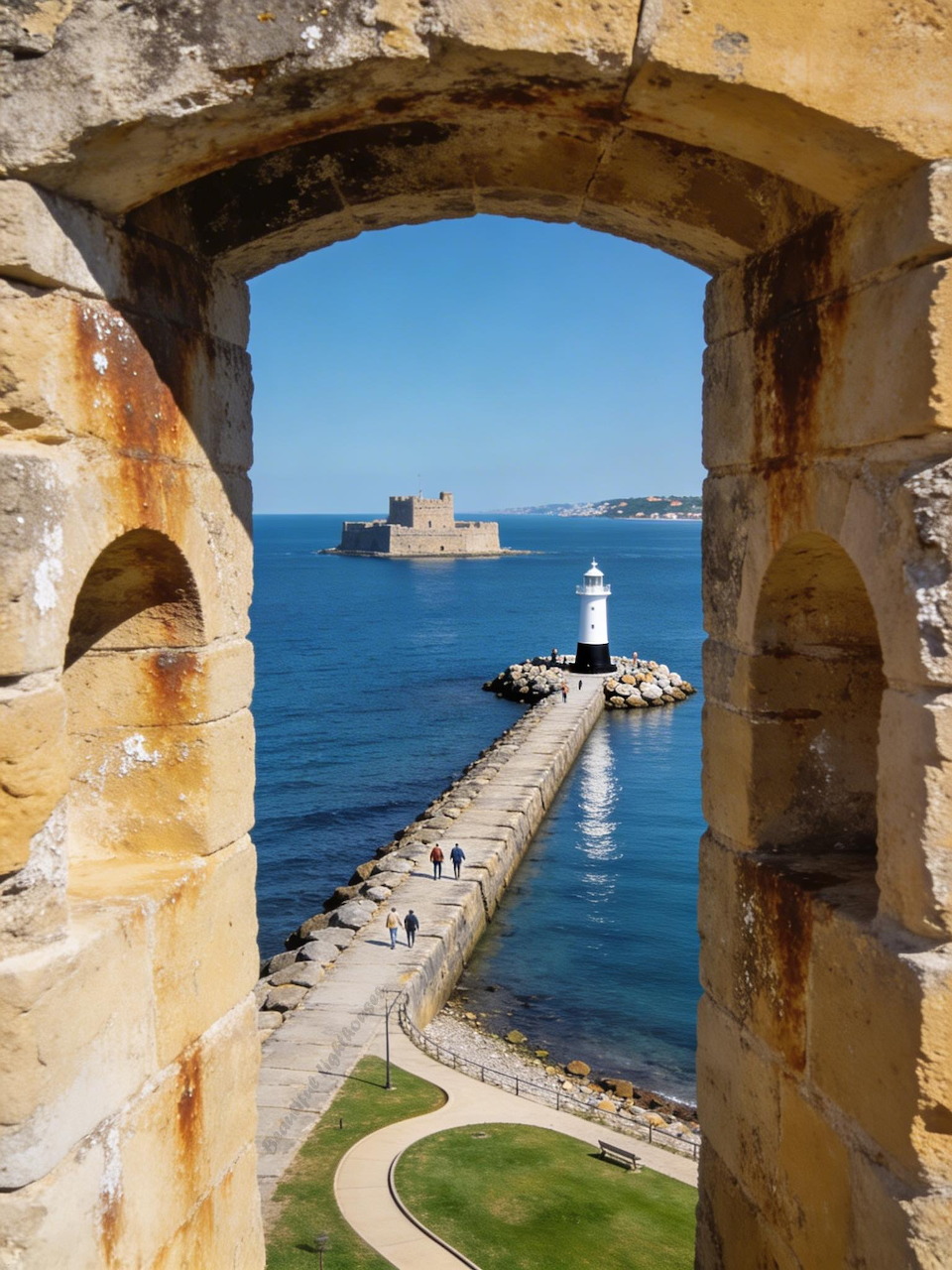 Stone archway overlooking a pier, white lighthouse, and blue sea with a distant fortress