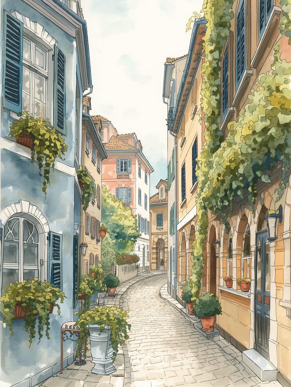 Watercolor painting of a narrow European village street with colorful buildings, shuters, and climbing vines