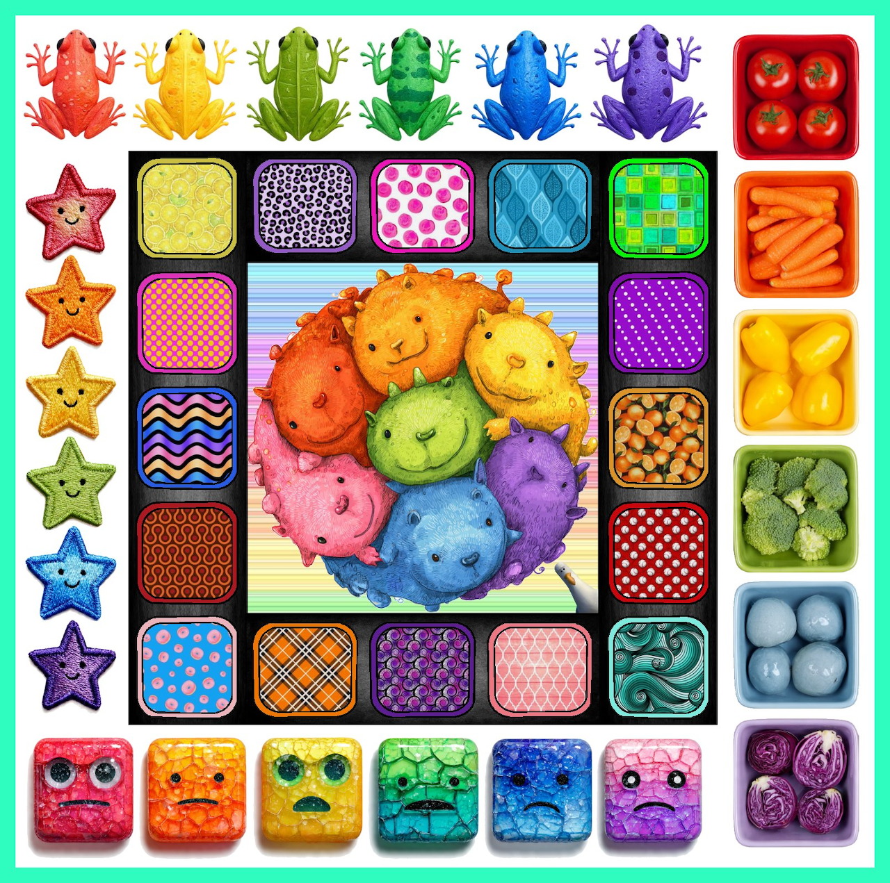Grid of colorful cartoon frogs, stars, and patterned tiles in rainbow colors on white background