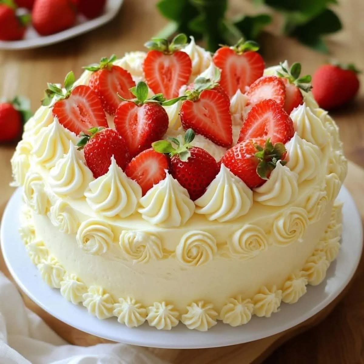 Buttercream cake topped with whole and sliced strawberries on a white plate