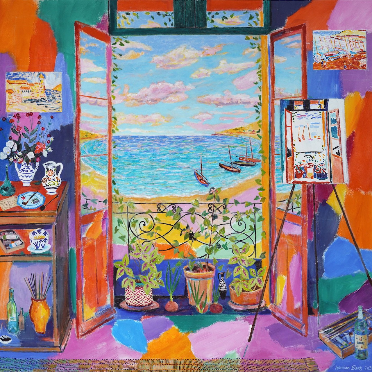 Vibrant painting of artist studio with open doors showing sea view, colorful walls, pottery and artwork