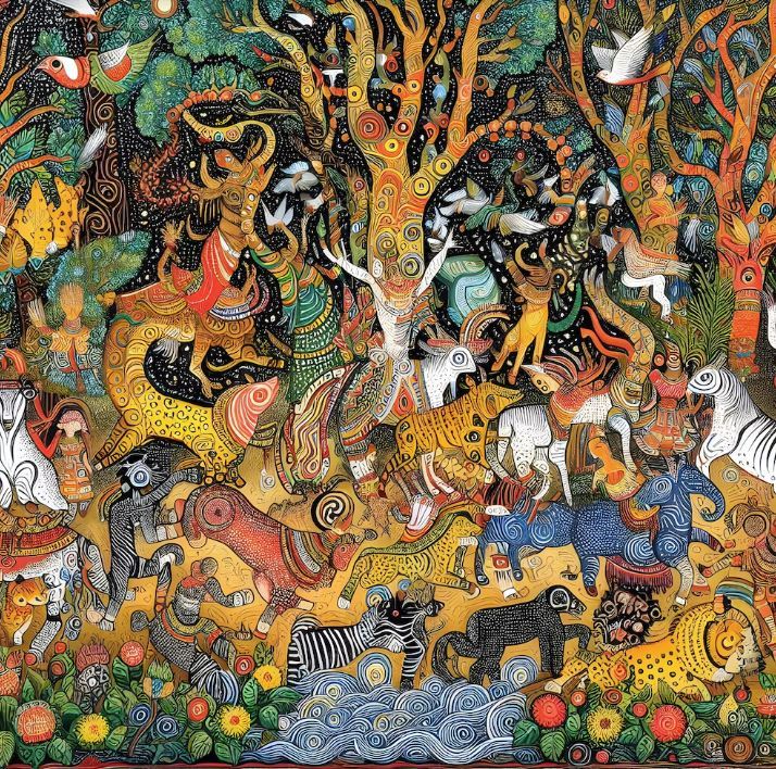 Colorful folk art painting of a jungle teeming with tigers, zebras, elephants, monkeys, birds, and deer among decorative trees