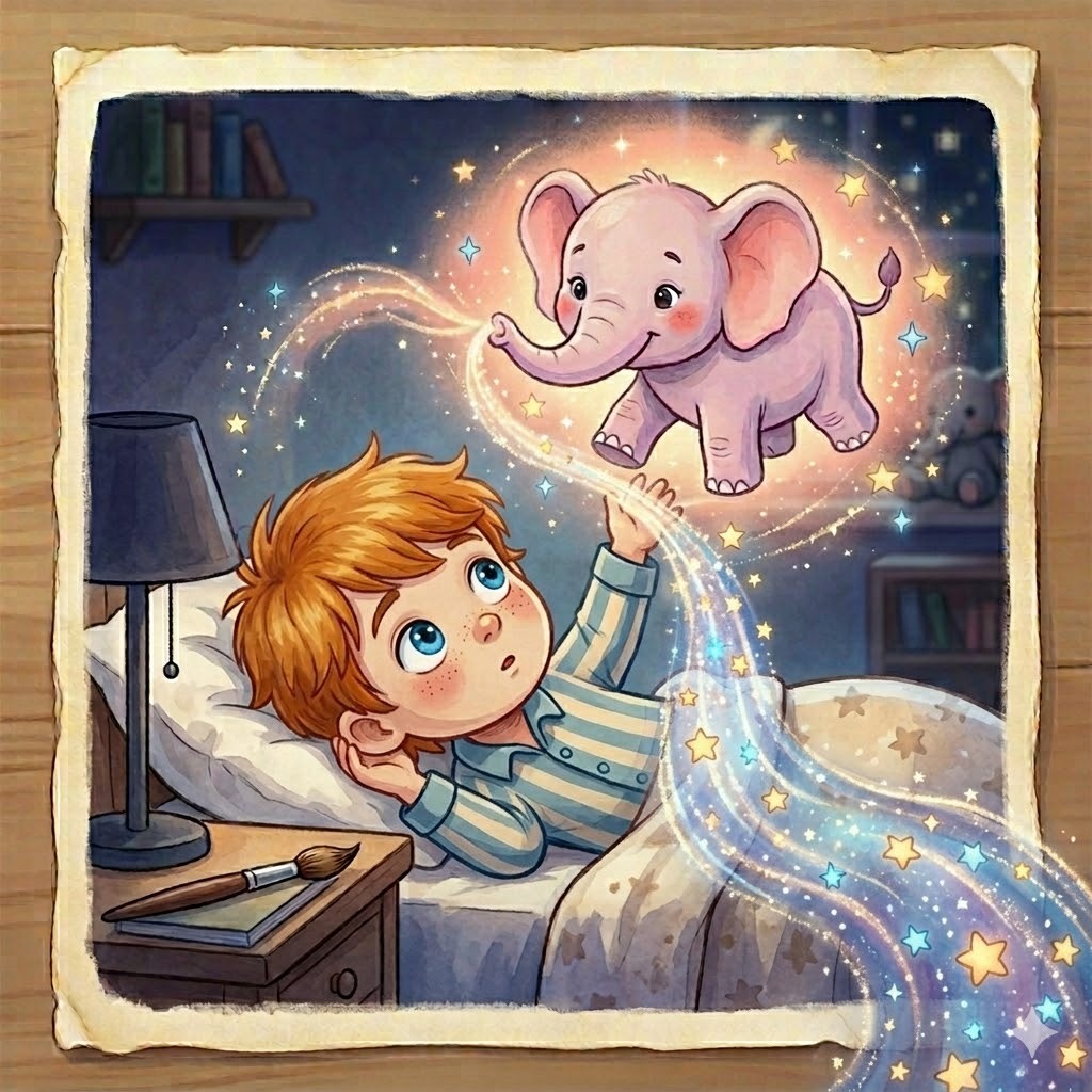 Child in striped pajamas looking at a glowing cartoon elephant floating in sparkling magical light above their bed