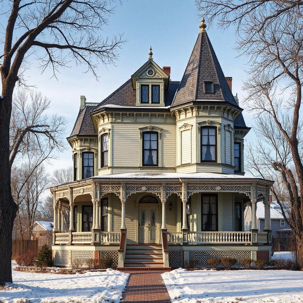 Victorian mansion with a porch and tower in a snowy yard