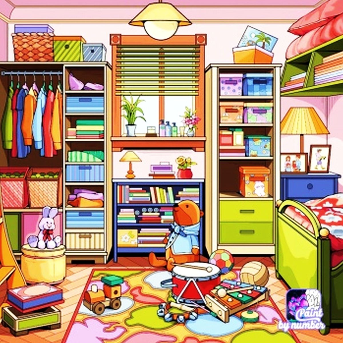 Colorful cartoon children's bedroom with toys, shelves, clothes, and a bed
