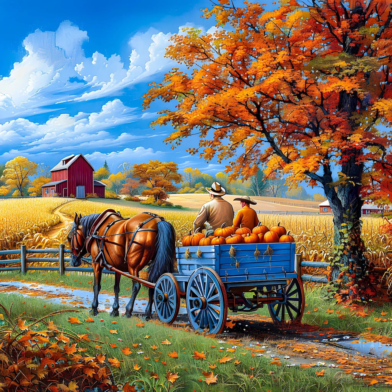 Horse pulling blue wagon full of pumpkins past autumn trees and red barn in fall countryside scene