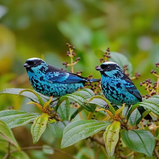 Two blue beryl-spangled tanagers perched on leafy branches