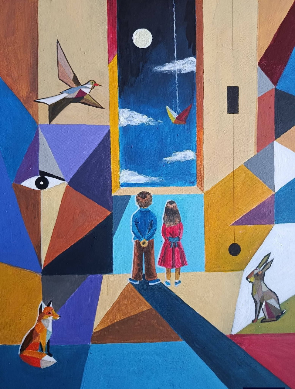 Colorful abstract painting of two children by an open door with sky, birds, a fox, and a rabbit