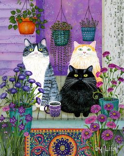 Illustration of three cats on a colorful porch with hanging plants and flowers against a purple wall