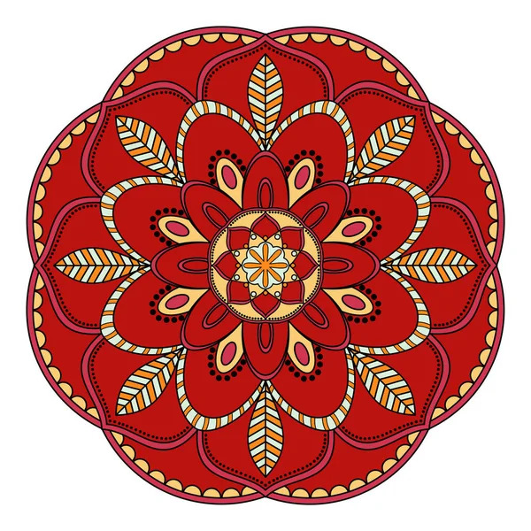 Symmetrical red mandala with gold floral patterns and decorative petals arranged in circular design