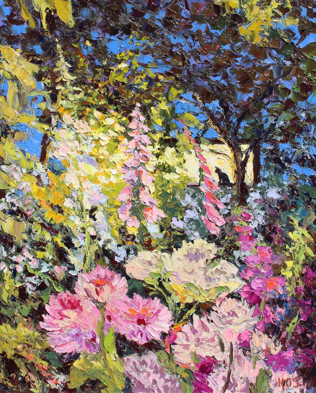 Impressionist garden painting with pink flowers and trees in dappled light