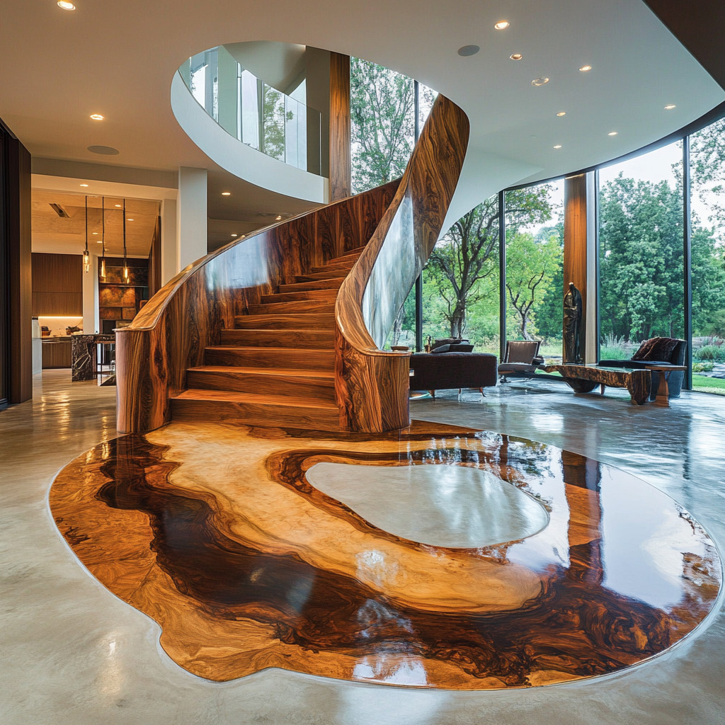 Curved wooden staircase with blue epoxy river inlay in modern luxury home with glass walls