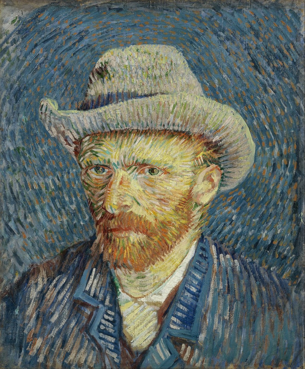 Van Gogh self-portrait with grey felt hat, swirling blue brushstrokes in background