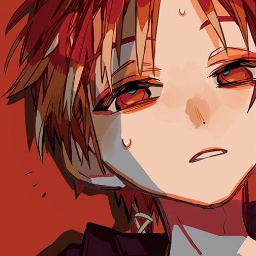 Close-up anime portrait of character with red hair and amber eyes on red background