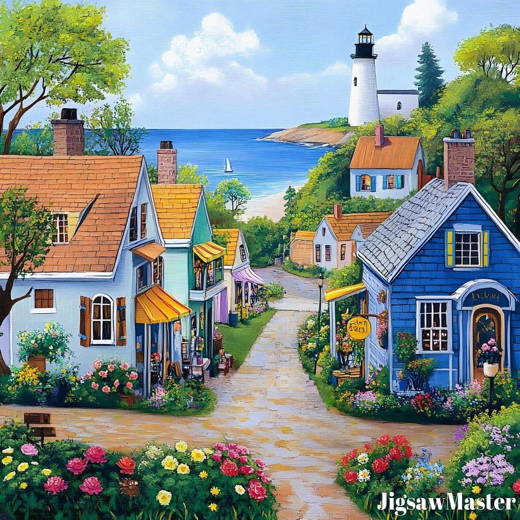 Colorful cottages with flower gardens on a coastal path leading to a lighthouse by the ocean