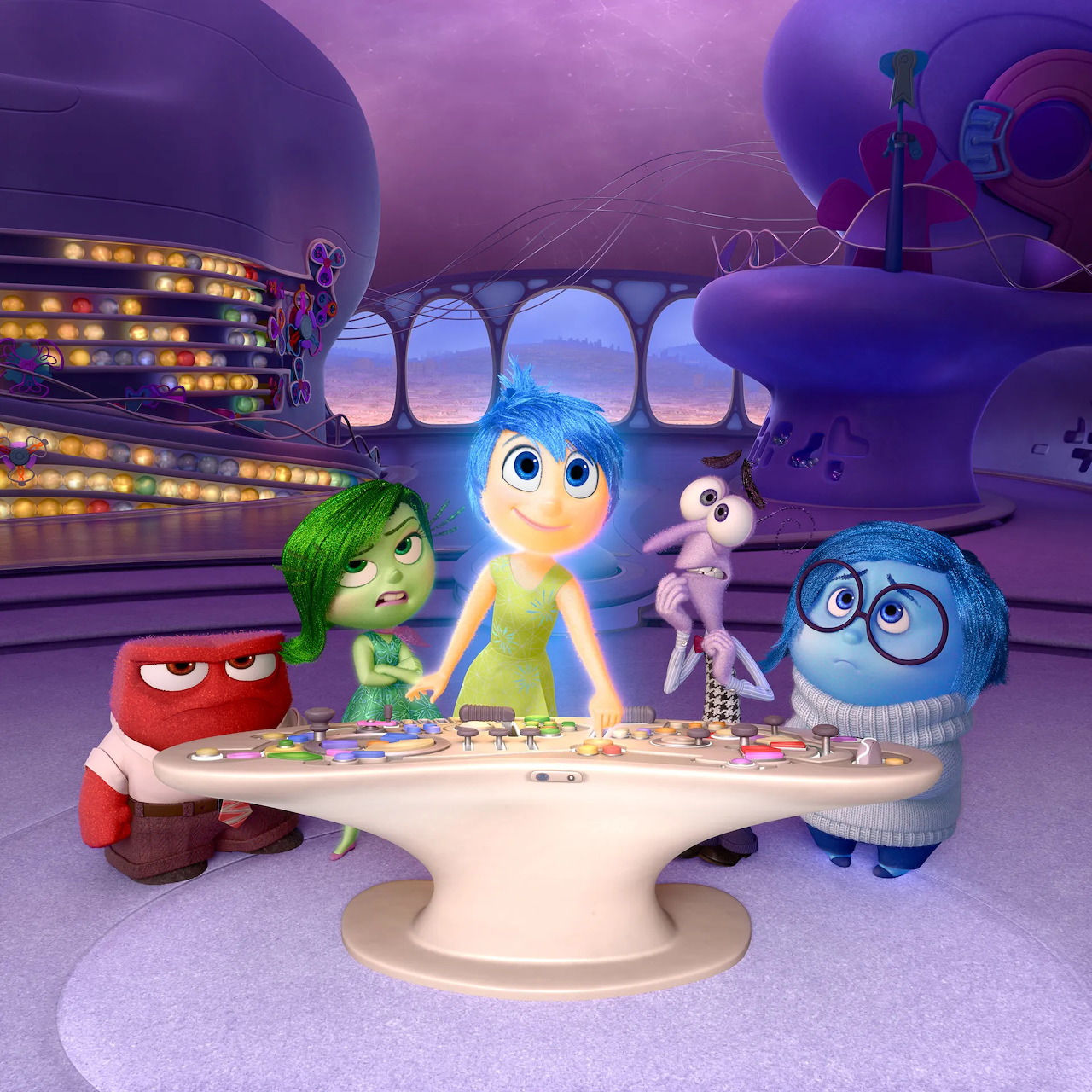 Five Inside Out emotion characters at console: red Anger, green Disgust, yellow Joy, purple Fear, and blue Sadness