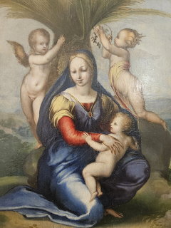 Renaissance painting of Madonna in blue and red robes nursing infant Jesus with two cherubs and a palm tree