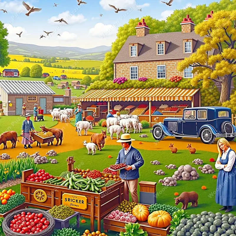Colorful farm illustration showing cottage, animals, farmers, vintage car, and harvest produce in pastoral countryside setting