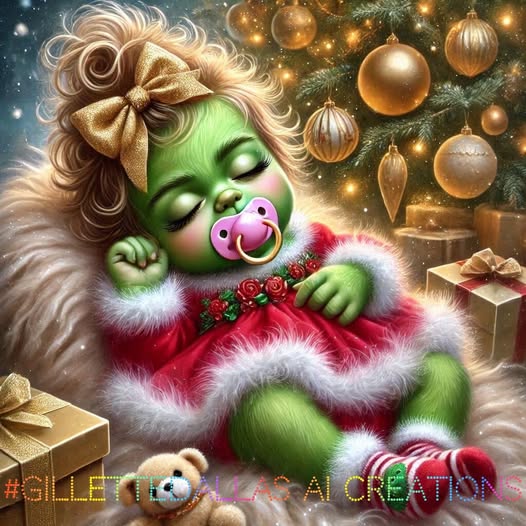 Sleeping baby Grinch with pacifier in a red outfit beside a Christmas tree and gifts