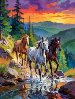 Three horses splashing through a stream in mountains at sunset with colorful sky